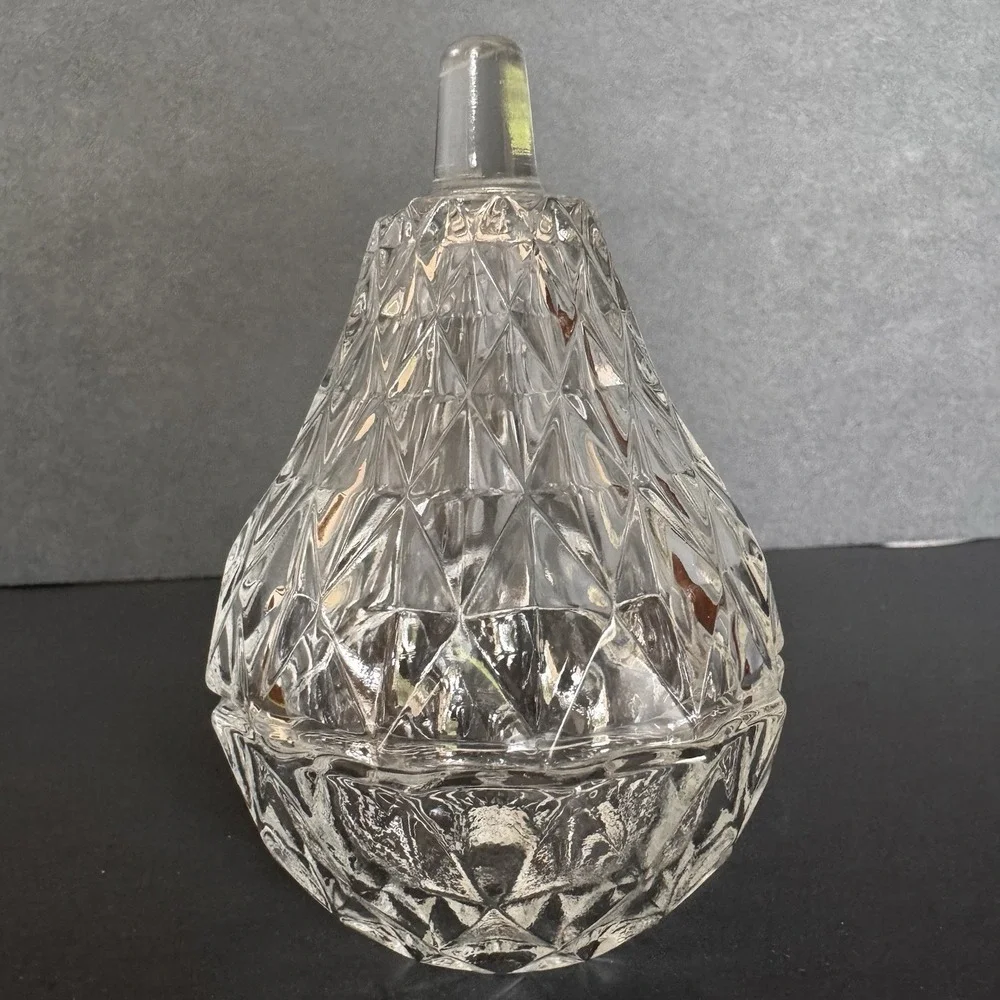 Vintage Crystal Pear Trinket Jewelry Dish Small Glass Container With Lid 4 1/4